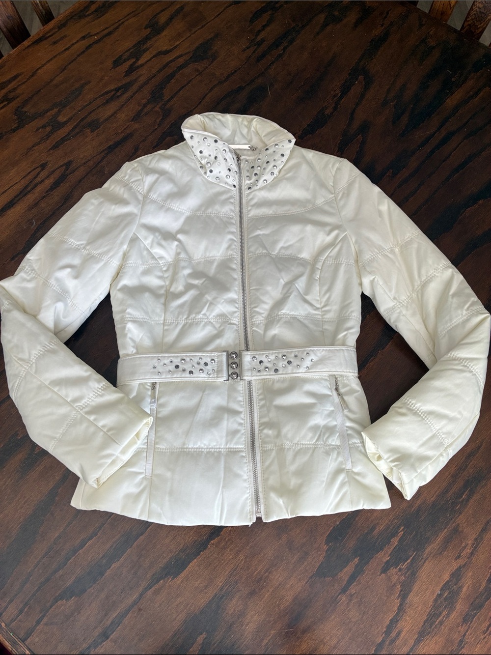 White House Black Market Off White Quilted Puffer Jacket with Studded Belt